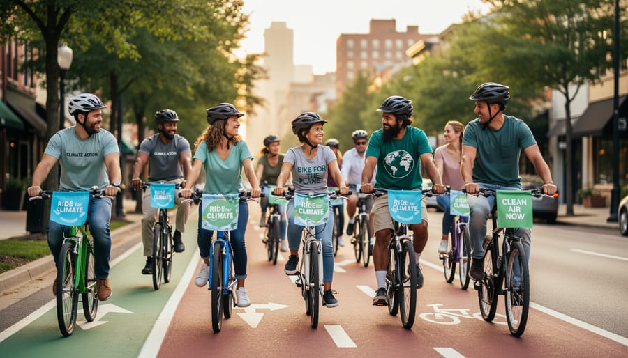 A group of cyclists ride together on a tree-lined trail during a climate-focused meetup.