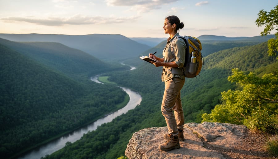A hiker stands at a mountain viewpoint holding a reusable water bottle during golden hour.