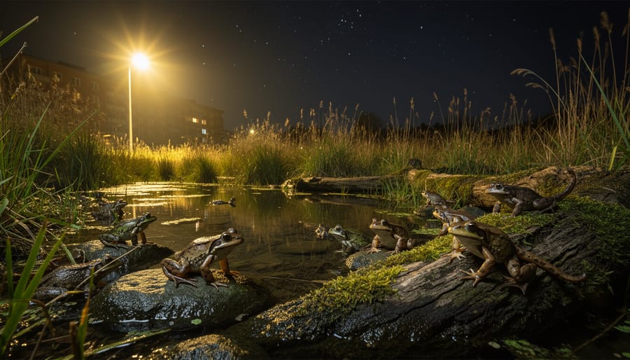 Toad or frog on wet forest ground illuminated by faint artificial light spill