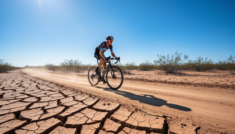 A cyclist on a dry, cracked gravel trail under intense sunlight with browned trees in the distance