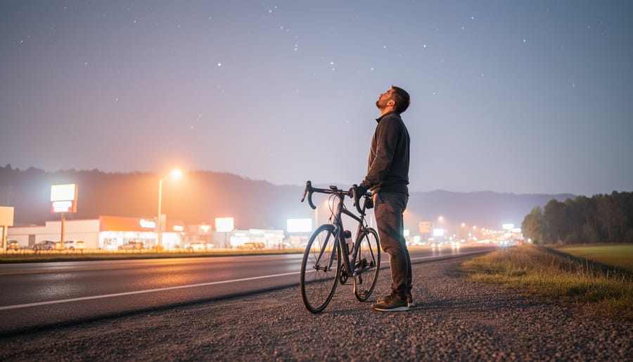 Cyclist looking up at a starry night sky with light haze from nearby artificial lights