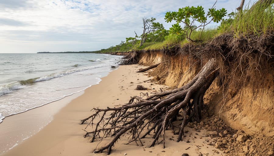 Coastal eroded shoreline with exposed tree roots and small waves under an overcast sky