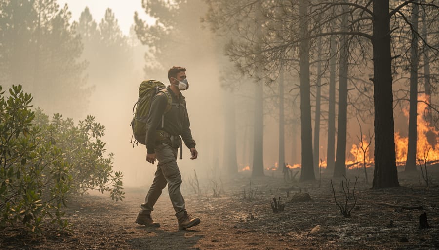 A hiker wearing a light face mask walking through smoky haze near a wildfire-affected forest