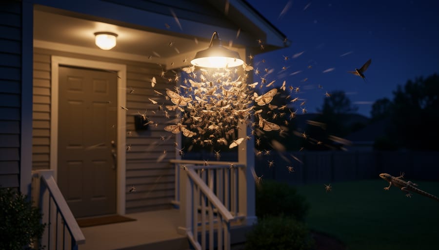 Close-up of moths gathered around a warm porch light at night