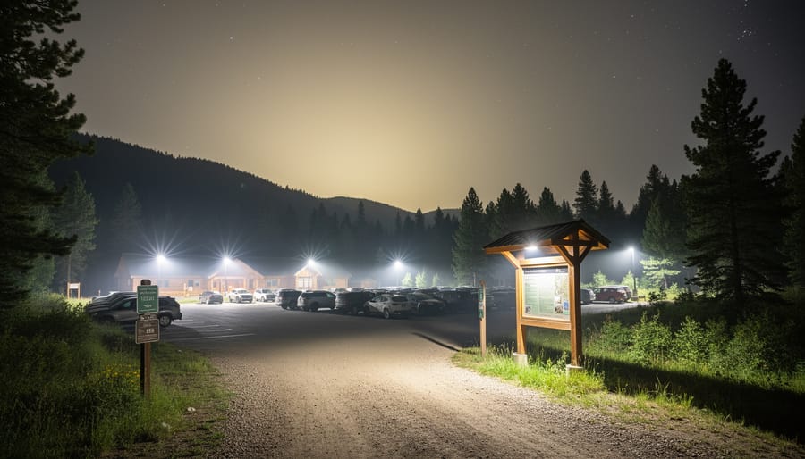 Streetlamp and security lights casting upward glare and haze into the night sky