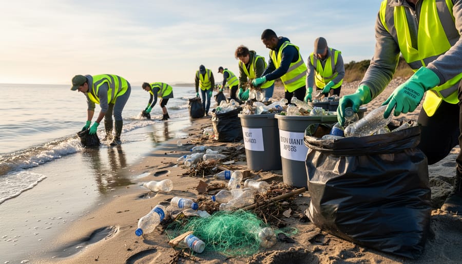 Volunteers collect plastic from wet sand during a coastal cleanup.