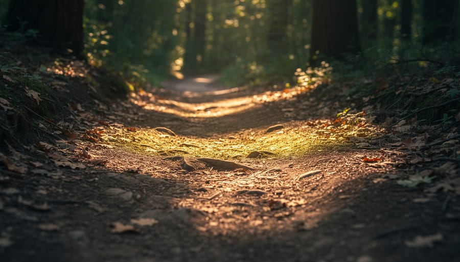 A cyclist on a sun-dappled forest trail with patches of light and shadow on the ground