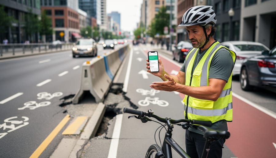 Cyclist in a helmet examining a visible hazard along a city bike lane curb edge.