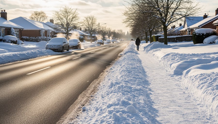 Fresh snow reflecting sunlight next to a dark wet asphalt road with glossy highlights