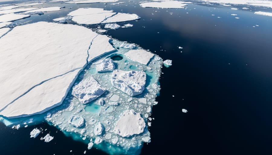 Glacier ice meeting darker ocean water with meltwater streams flowing from the ice