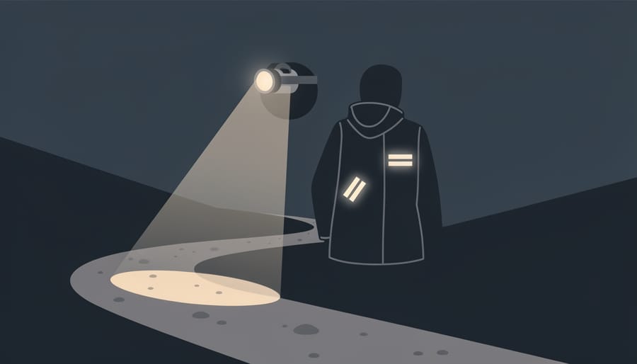Headlamp beam and reflective safety gear illuminating a foggy evening trail