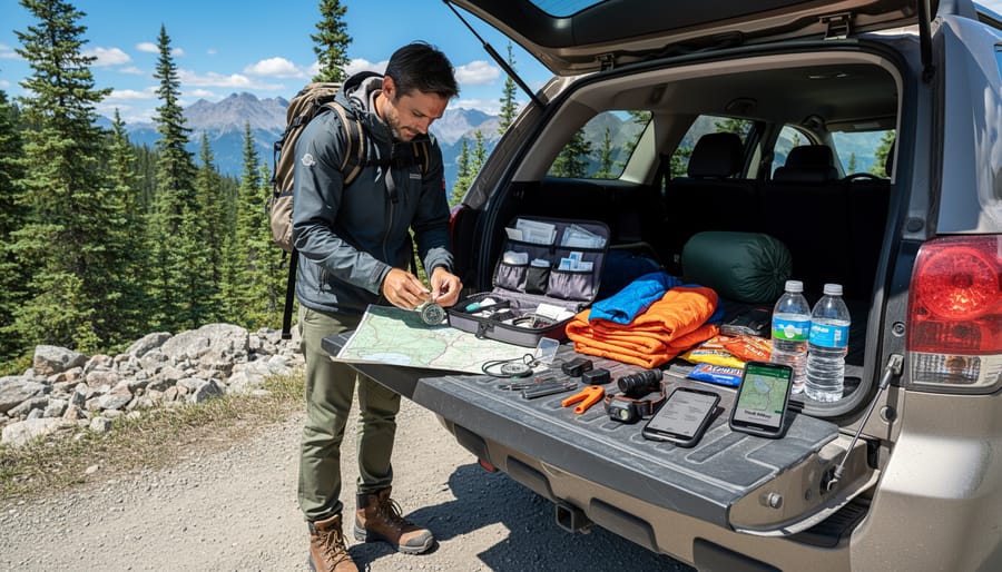 Hiker kneeling on a rocky trail packing essential safety gear into a backpack