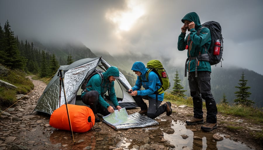 Hiker in layered cold-weather protection holding emergency shelter gear in a misty Canadian landscape