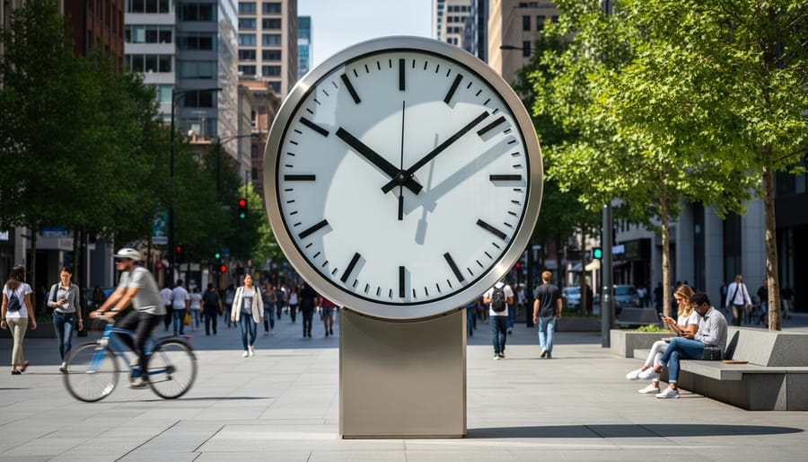 Monument clock in a downtown plaza with pedestrians in the background