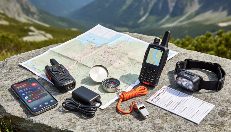 Navigation and emergency communication gear including compass, map, GPS device, and whistle laid out on a forest floor