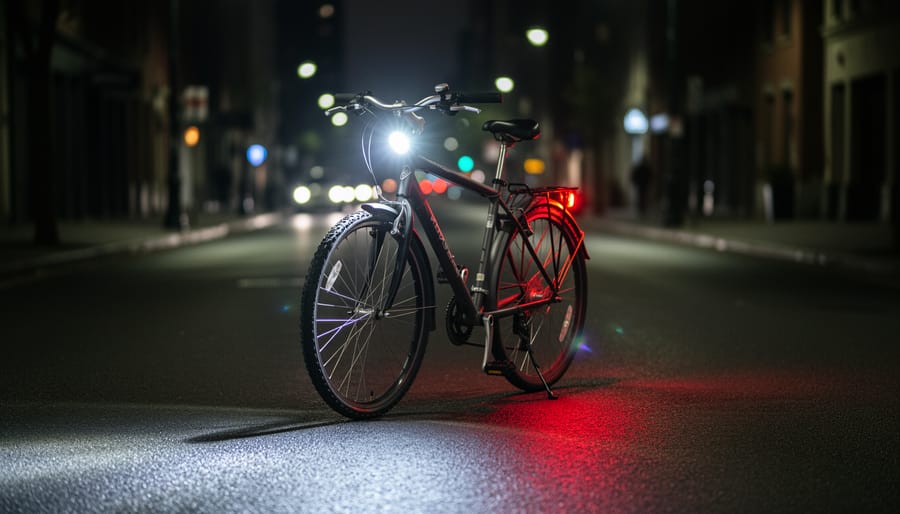 A bicycle at night with front white light and rear red tail light on a city street.
