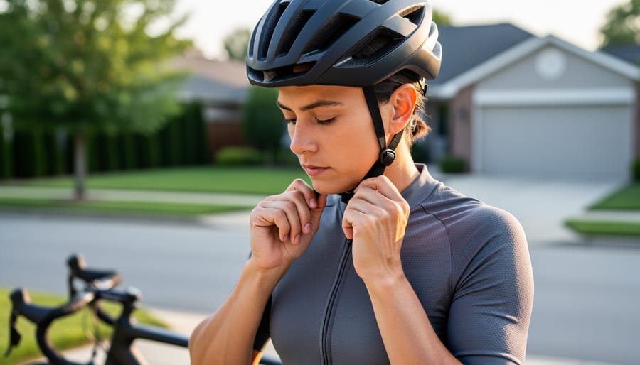 A cyclist adjusting a properly fitted bike helmet strap beside their bicycle.