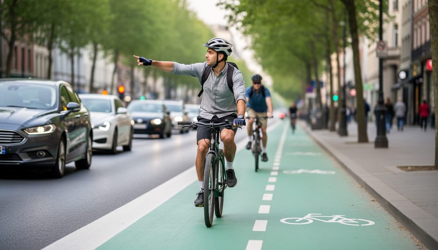 A cyclist signaling a turn with an extended arm while riding in a bike lane near an intersection.