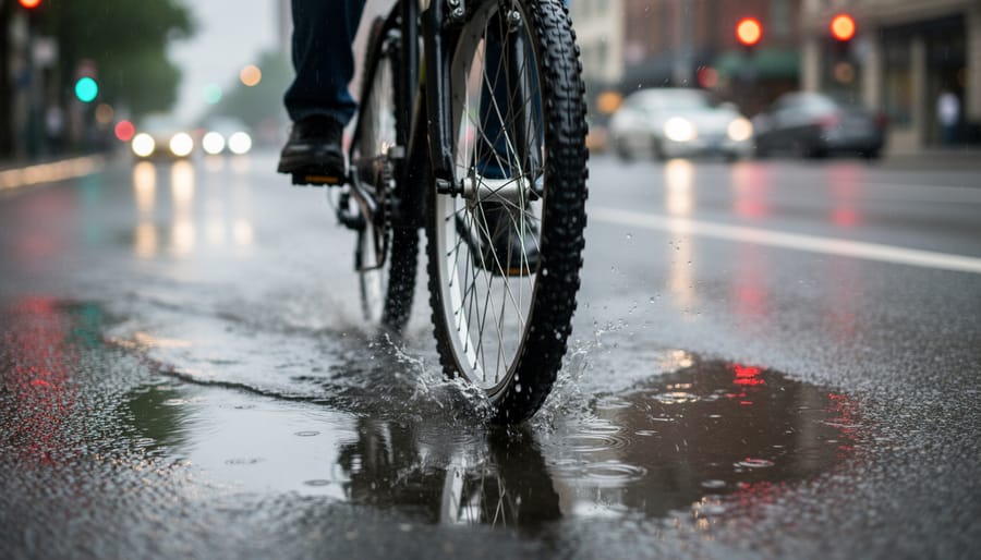 Close view of a bicycle tire rolling over a wet, hazard-filled street surface.